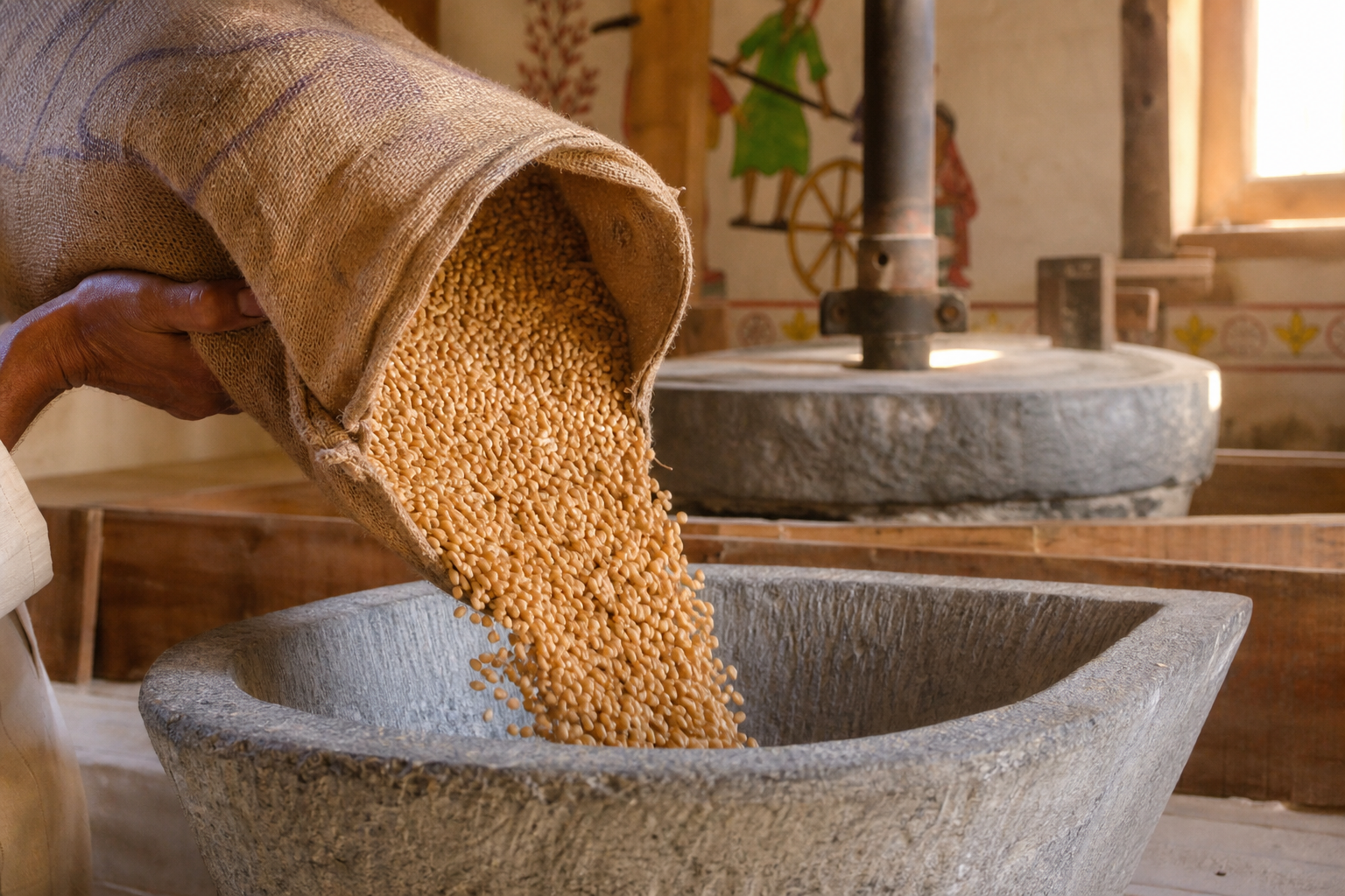 PBW 1 wheat poured into chakki
